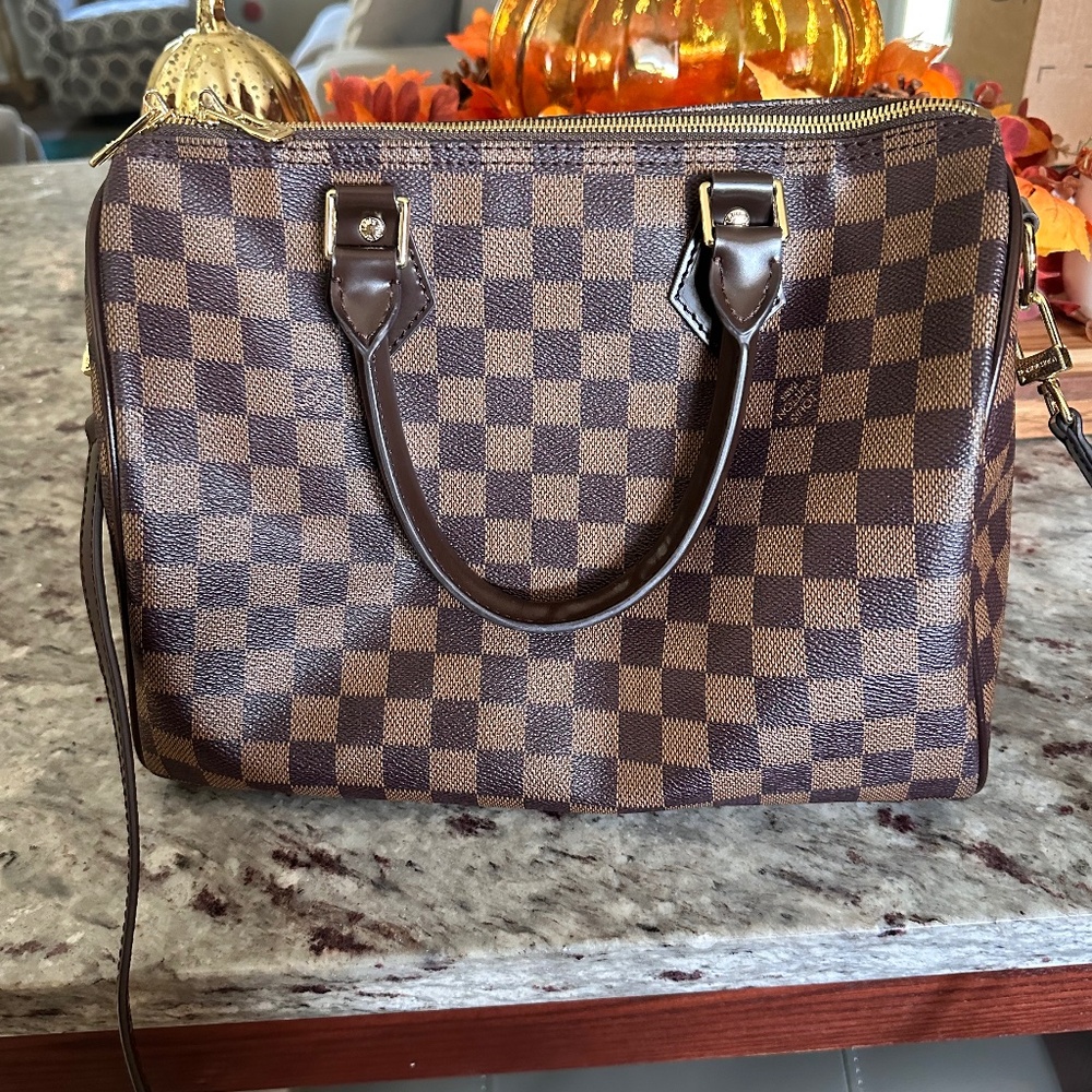 Brown checkered bag with long strap